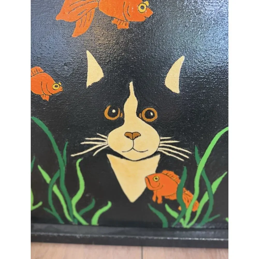 Folk Art Painted Canvas Black Cat Fishbowl Goldfish Scene Kitschy Whimsical - Picture 4 of 10